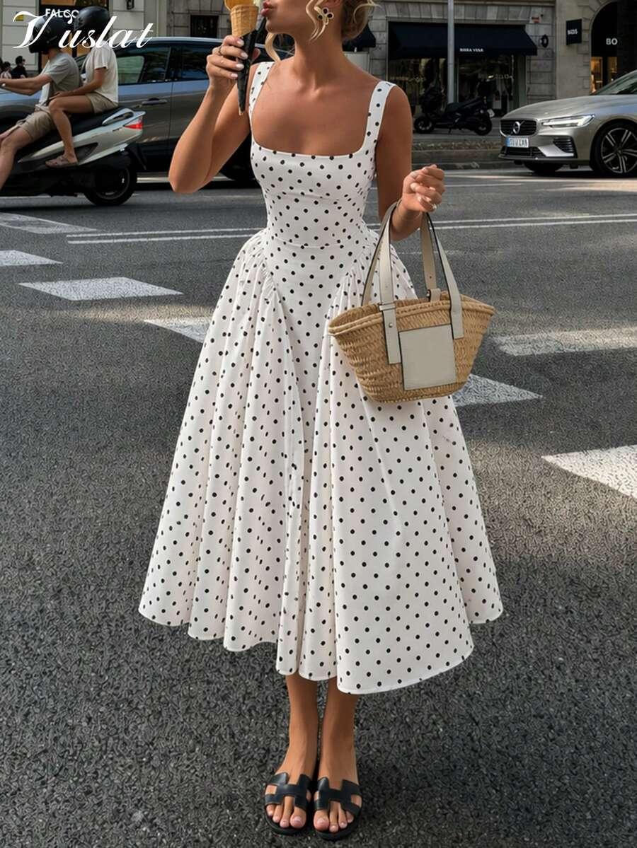 white polka dot square neck midi dress