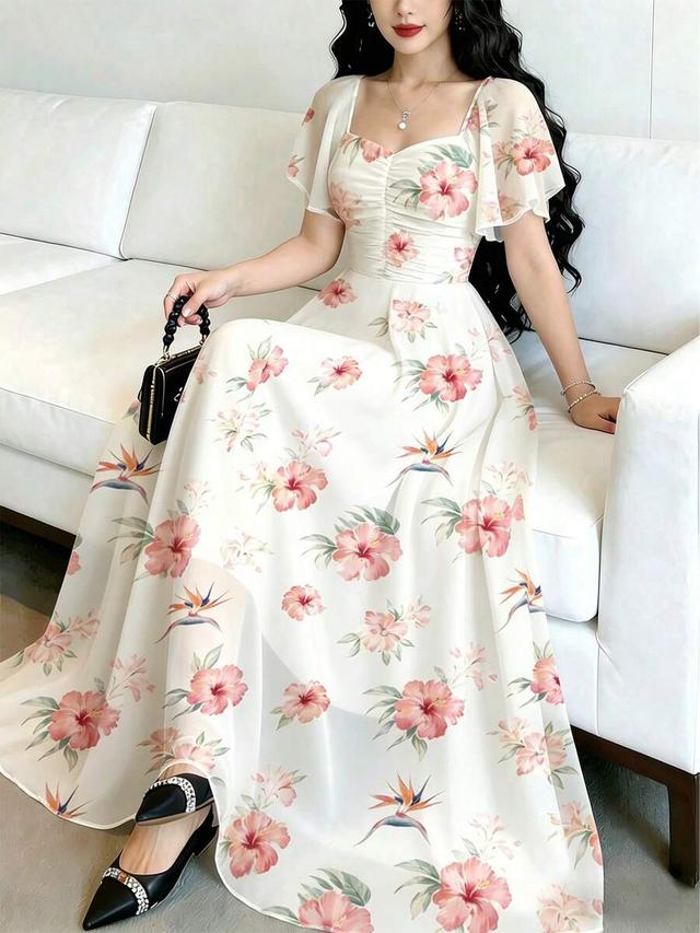 modelyn white and pink hibiscus print floral dress