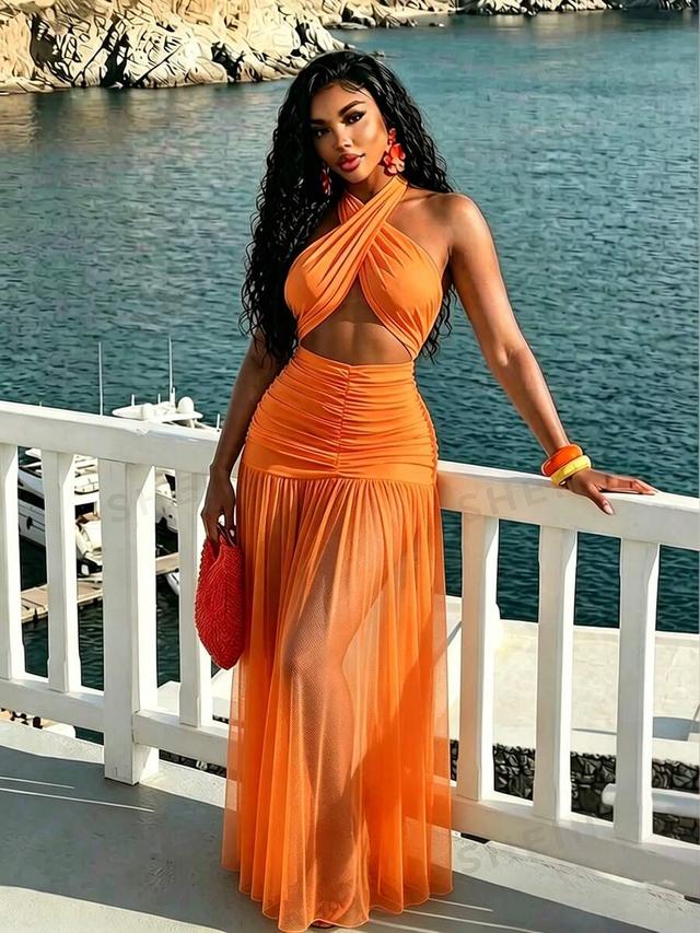 orange halter neck ruched waist maxi dress