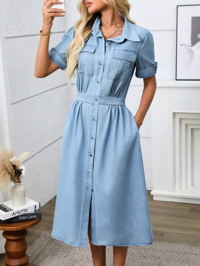 women's button down collar short sleeve denim dress