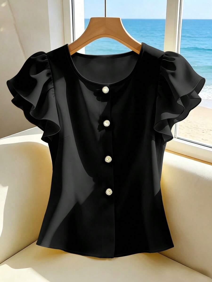solid color ruffle sleeve round neck pearl button blouse