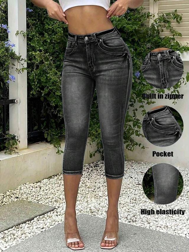high elasticity light wash mid-waist skinny capri jeans