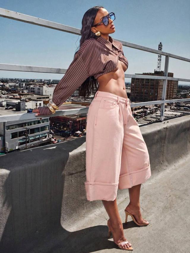 pink wide leg cuffed denim jorts