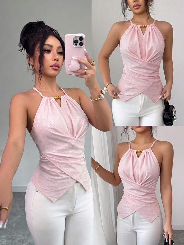 apricot leaf print sleeveless halter neck bow tie top