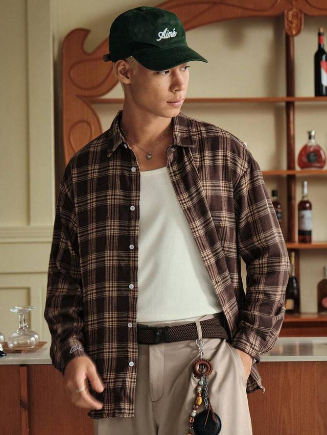 oversized brown plaid cotton drop shoulder shirt