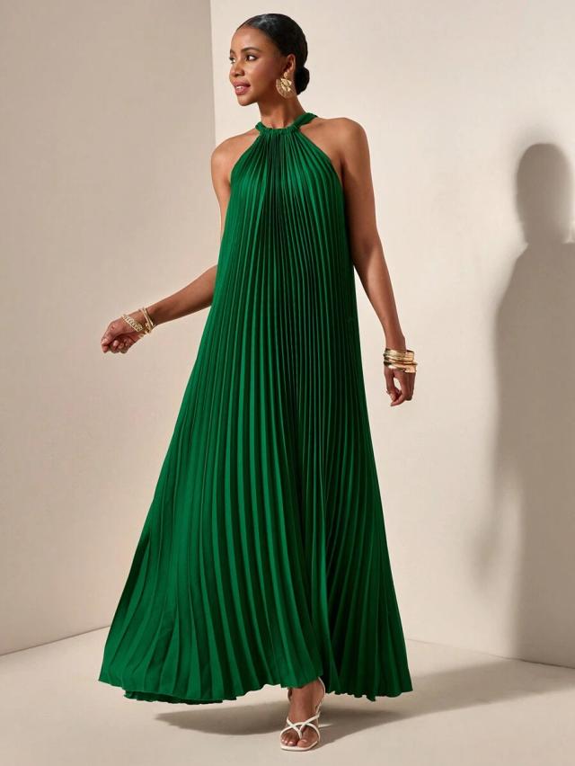 emerald green pleated halterneck a-hem loose dress