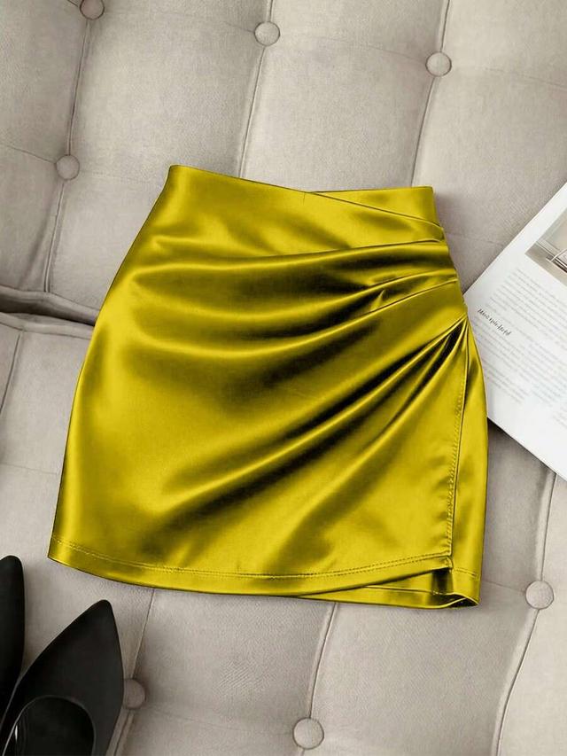 glossy chartreuse asymmetrical pleated bodycon skirt