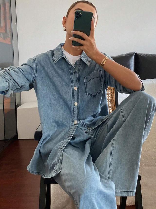 light wash denim button-up shirt