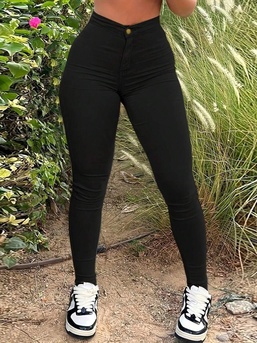 high waist stretch skinny black denim jeans
