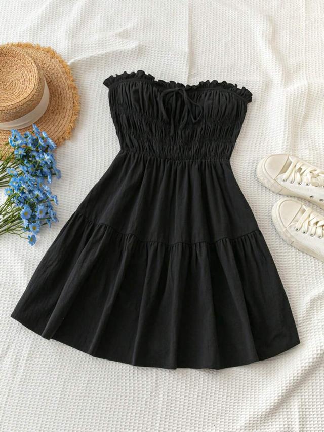 black cotton tube top frill trim short dress