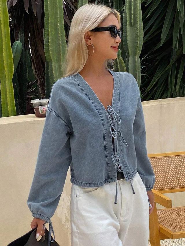 denim tie-front lantern sleeve top