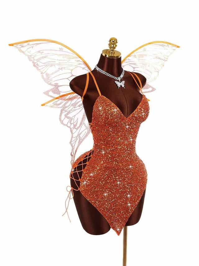 orange sequin hollow criss-cross strap party dress