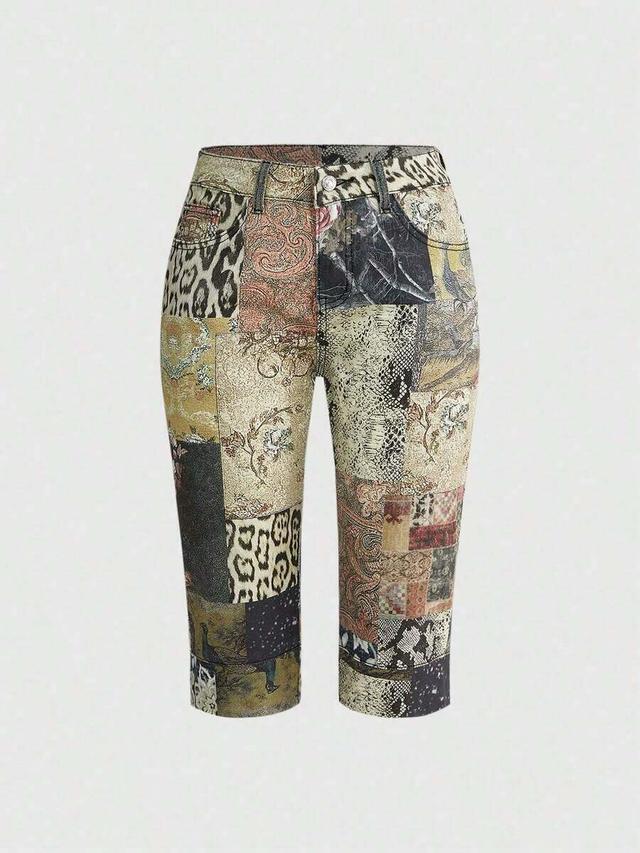 vintage patchwork floral and leopard print denim shorts
