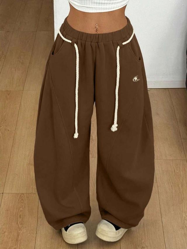 brown elastic waist curved hem casual pants