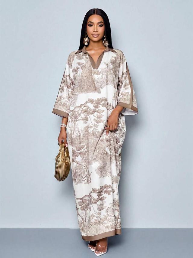 v-neck loose batwing sleeve printed maxi dress