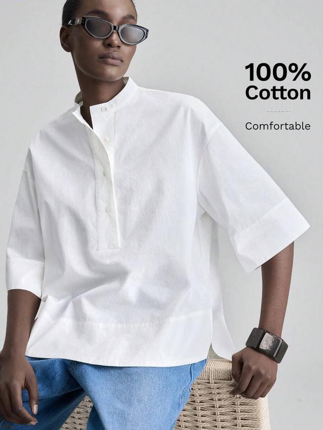 beige cotton poplin round neck drop shoulder shirt