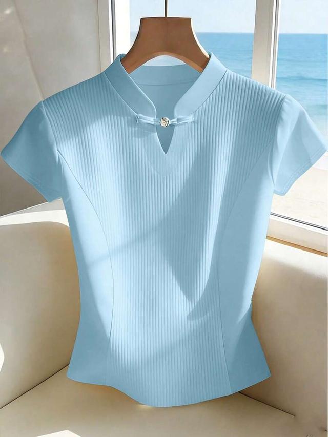 light blue ribbed knit cheongsam collar short sleeve top