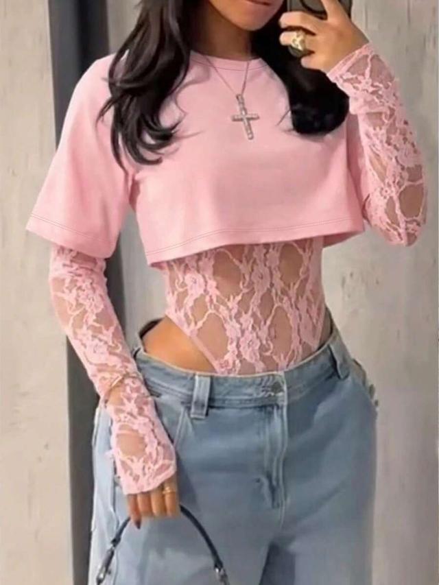 pink lace patchwork short sleeve crop top bodysuit