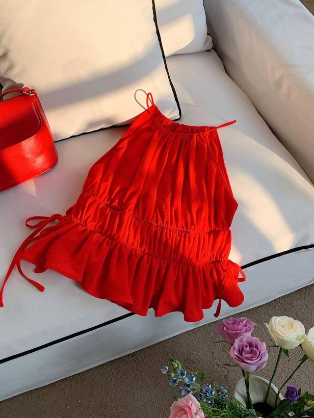 solid red halter neck side tie tank top