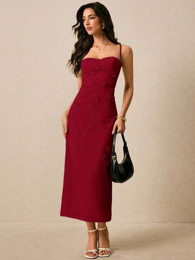 burgundy spaghetti strap dress with 3d floral applique