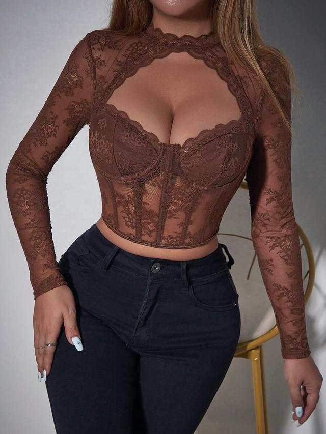 brown floral lace cutout long sleeve corset blouse