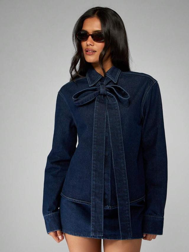 missguided cotton long sleeve denim shirt with bow tie