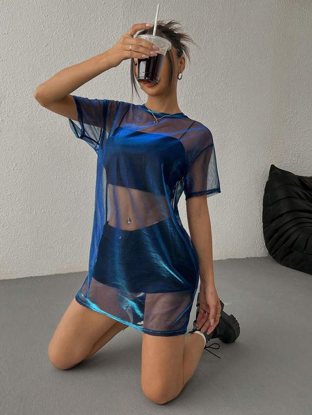 blue iridescent sheer mesh overlay t-shirt dress