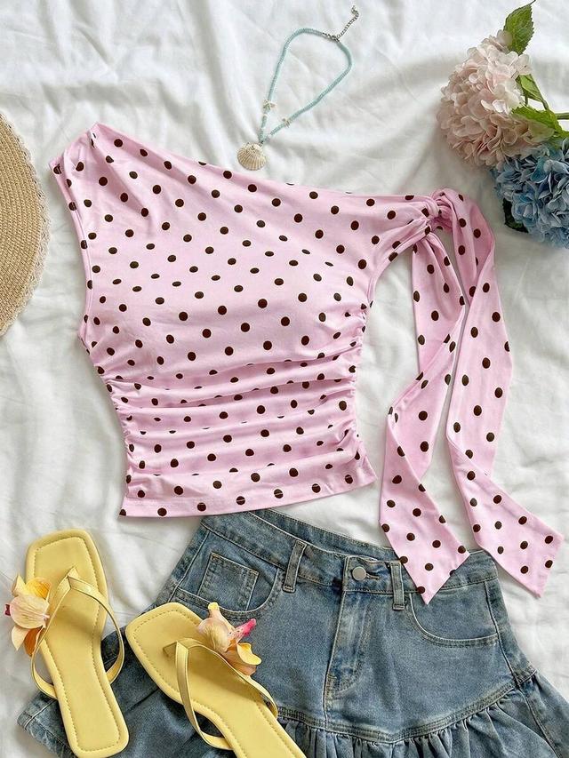 pink polka dot asymmetrical pleated shoulder top