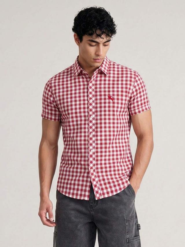 chillumni red short sleeve plaid shirt with embroidered logo