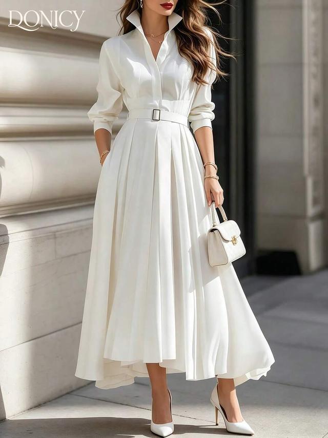 solid white lapel pleated waist long sleeve dress