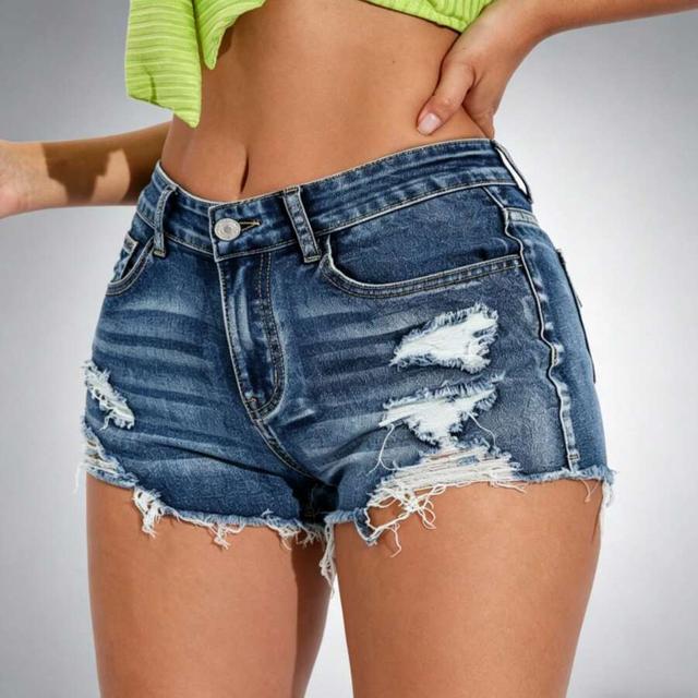 distressed blue denim high-waisted raw hem shorts