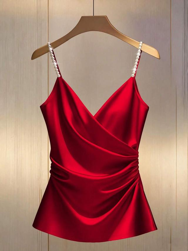 red satin ruched camisole with pearl strap detail