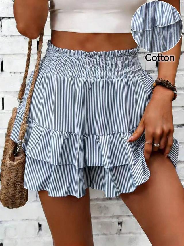 blue and white striped cotton tiered ruffle skirt