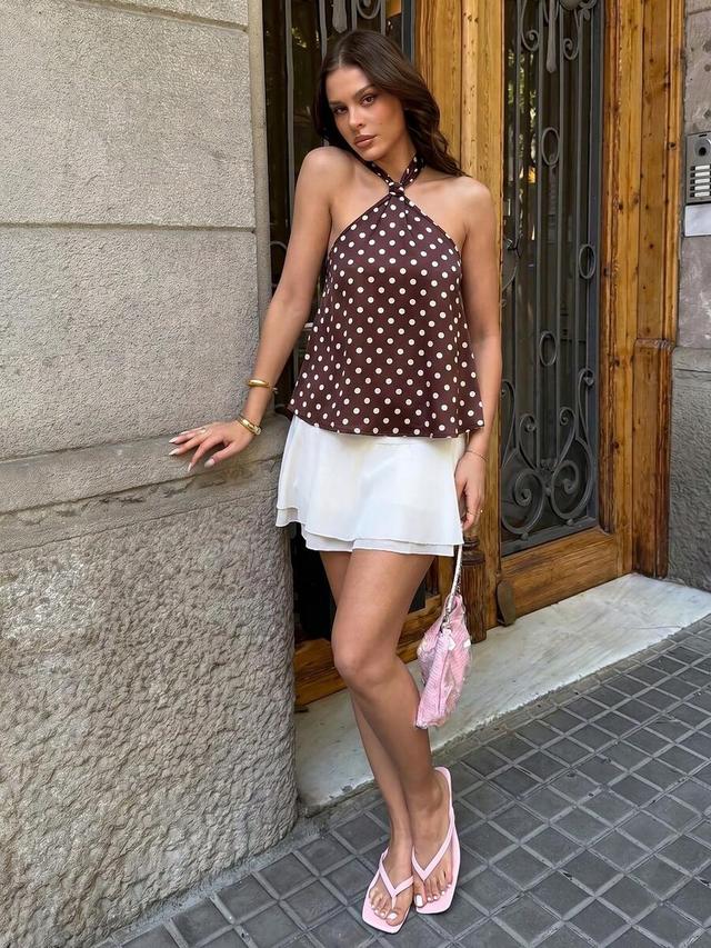 brown and white polka dot halter tie blouse