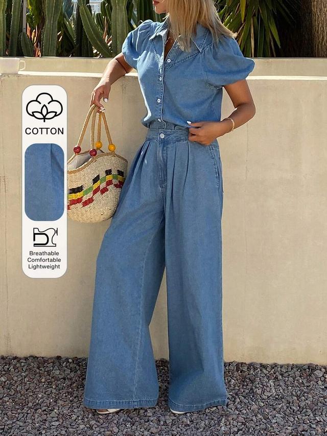 denim puff-sleeve shirt and matching wide-leg trousers