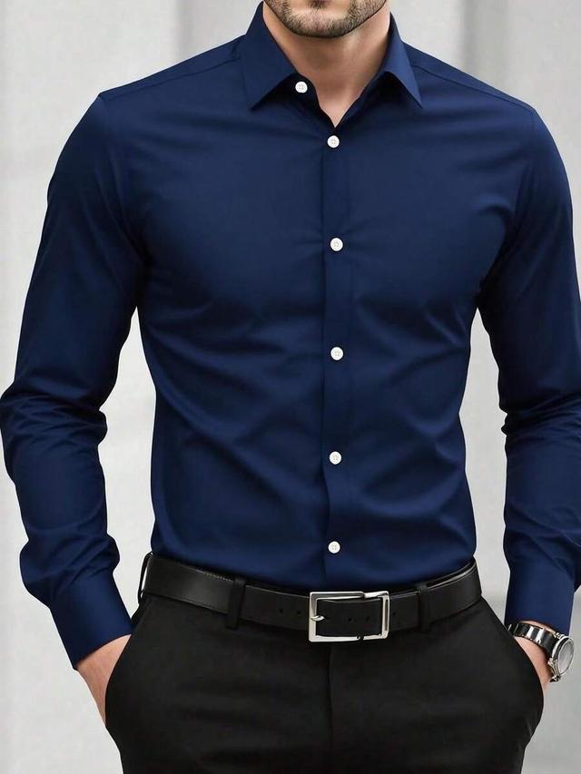men's solid navy blue long sleeve button-up shirt