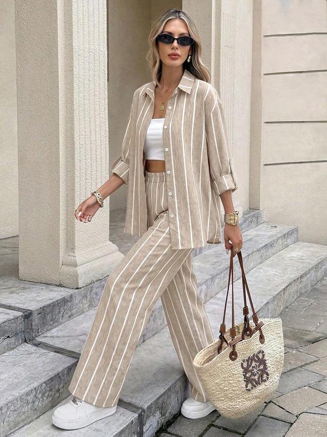 beige striped long sleeve shirt and casual trousers set