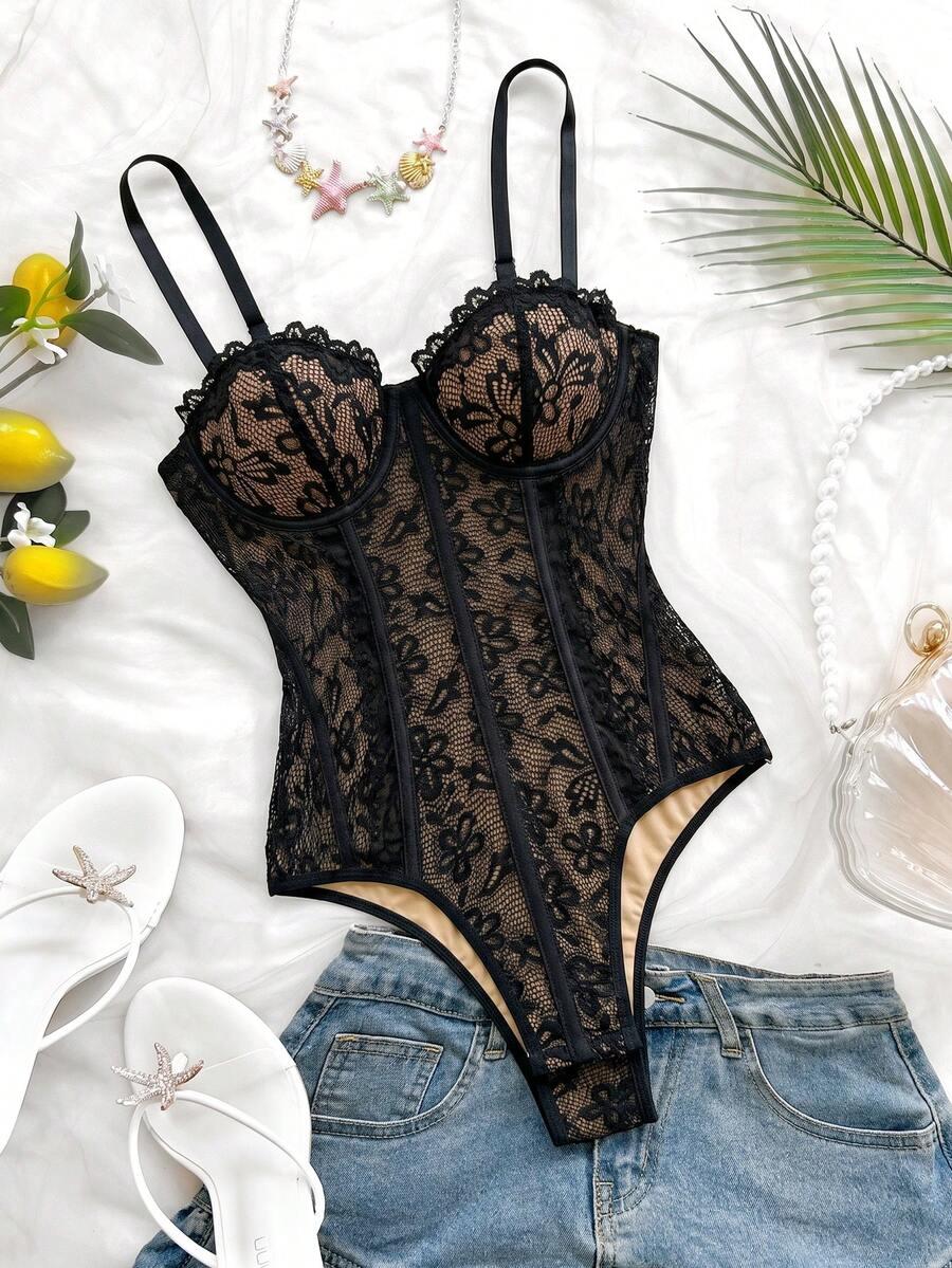 leopard print lace bustier bodysuit with boning