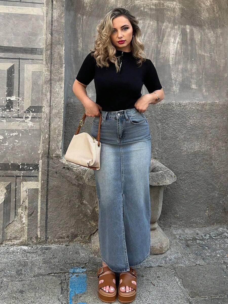 black distressed denim long a-line skirt