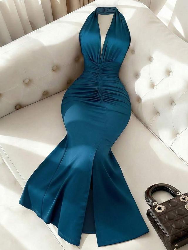 teal blue deep v-neck halterneck mermaid dress
