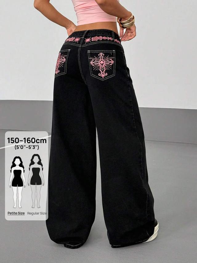 black pink wide leg denim jeans with pink embroidery