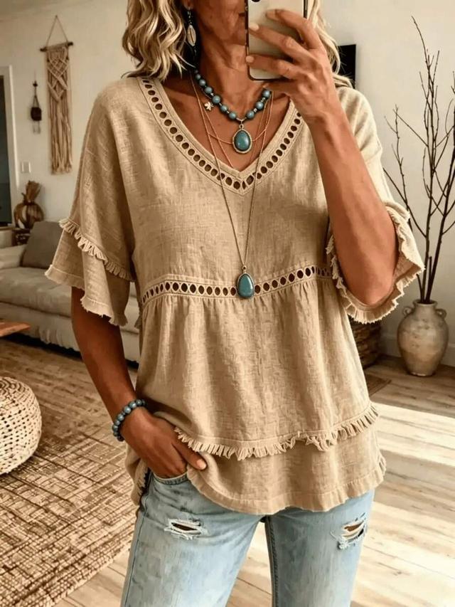 women's linen blend eyelet and fringe trim blouse
