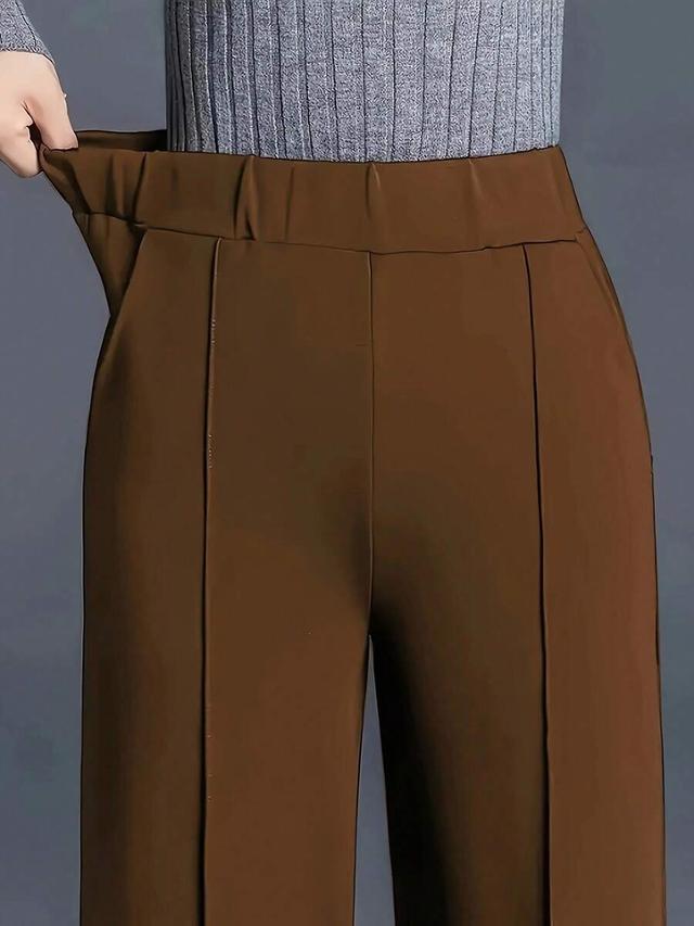 brown high-waisted wide-leg straight casual trousers
