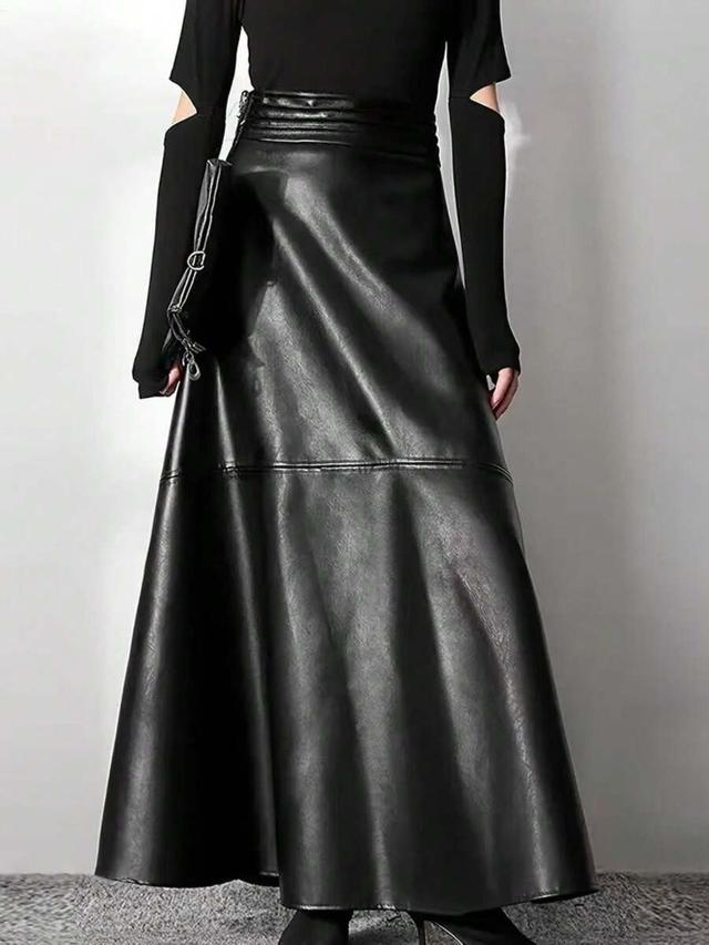 autumn vintage versatile black pu high waist long skirt