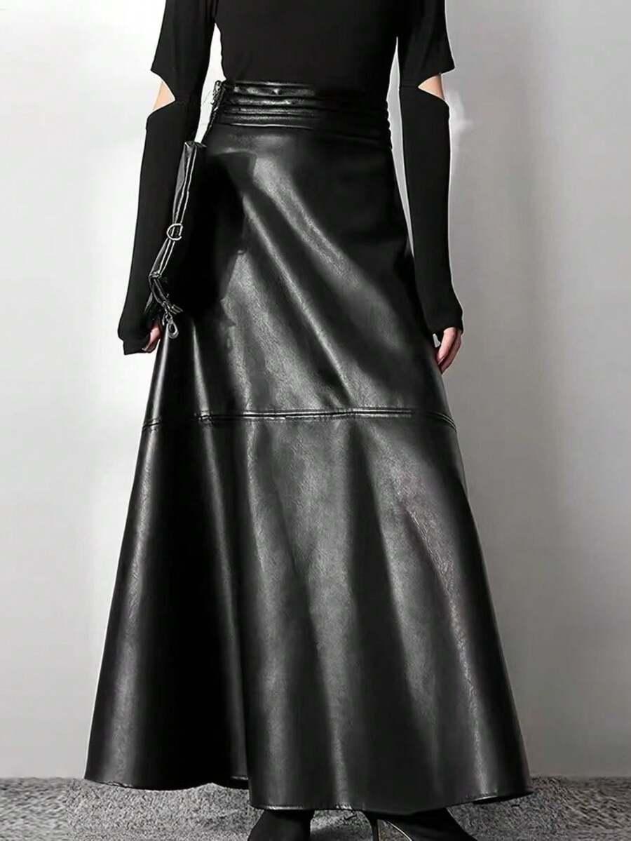 autumn vintage versatile black pu high waist long skirt