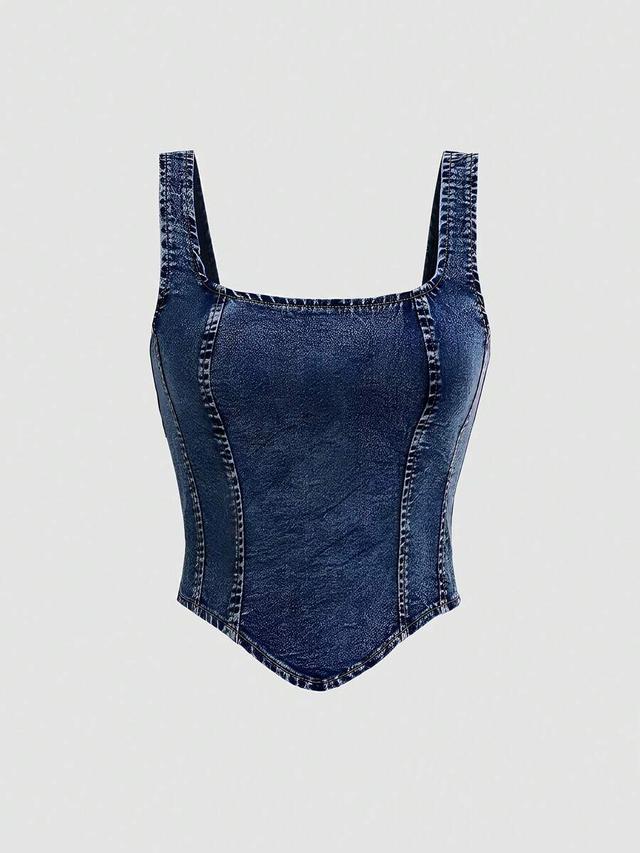 asymmetric hem square neck denim corset top
