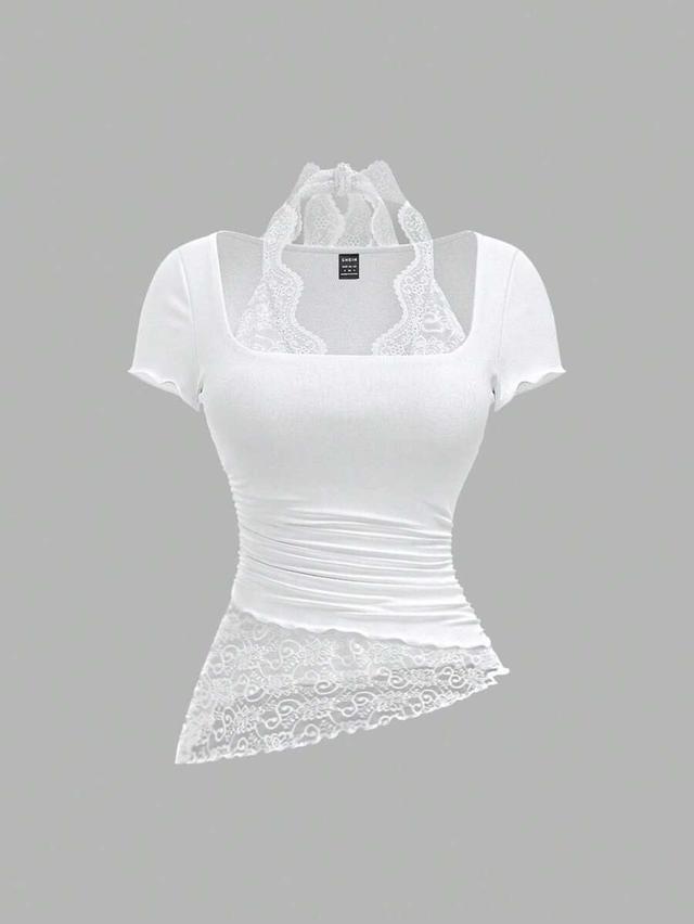 white knit patchwork lace asymmetrical ruffle hem halter top