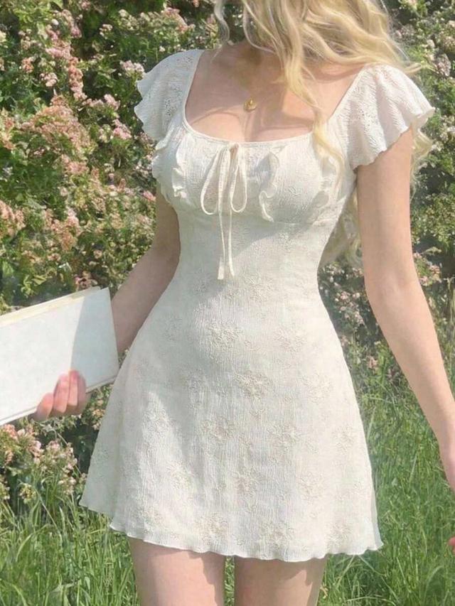 white floral textured milkmaid mini dress
