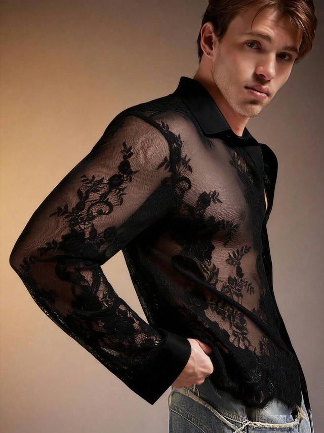 fevercity men's sheer black floral lace mesh shirt