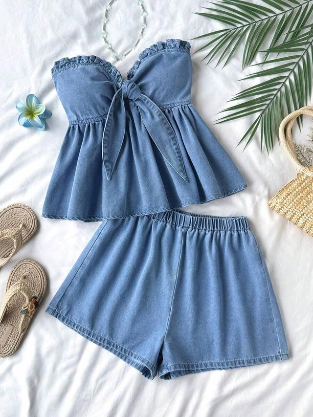light blue denim strapless ruffled babydoll set